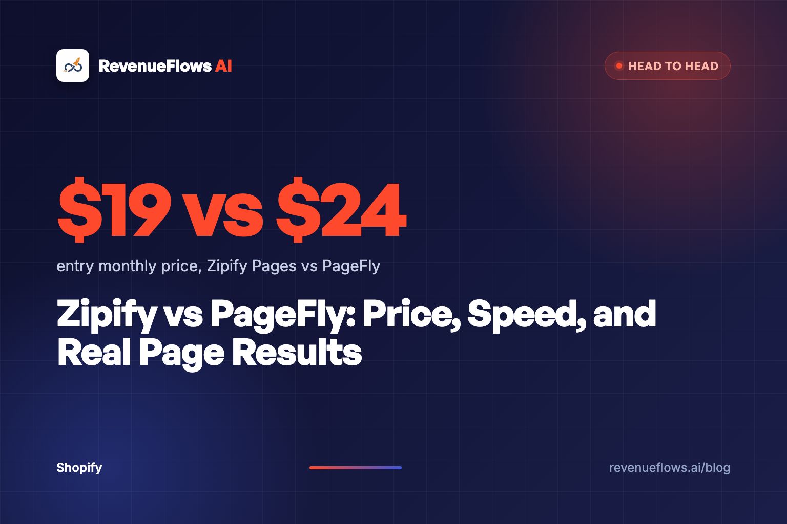 Two laptops side by side on a dark navy desk, each showing a Shopify product page in a different page builder, with an orange price tag resting between them.